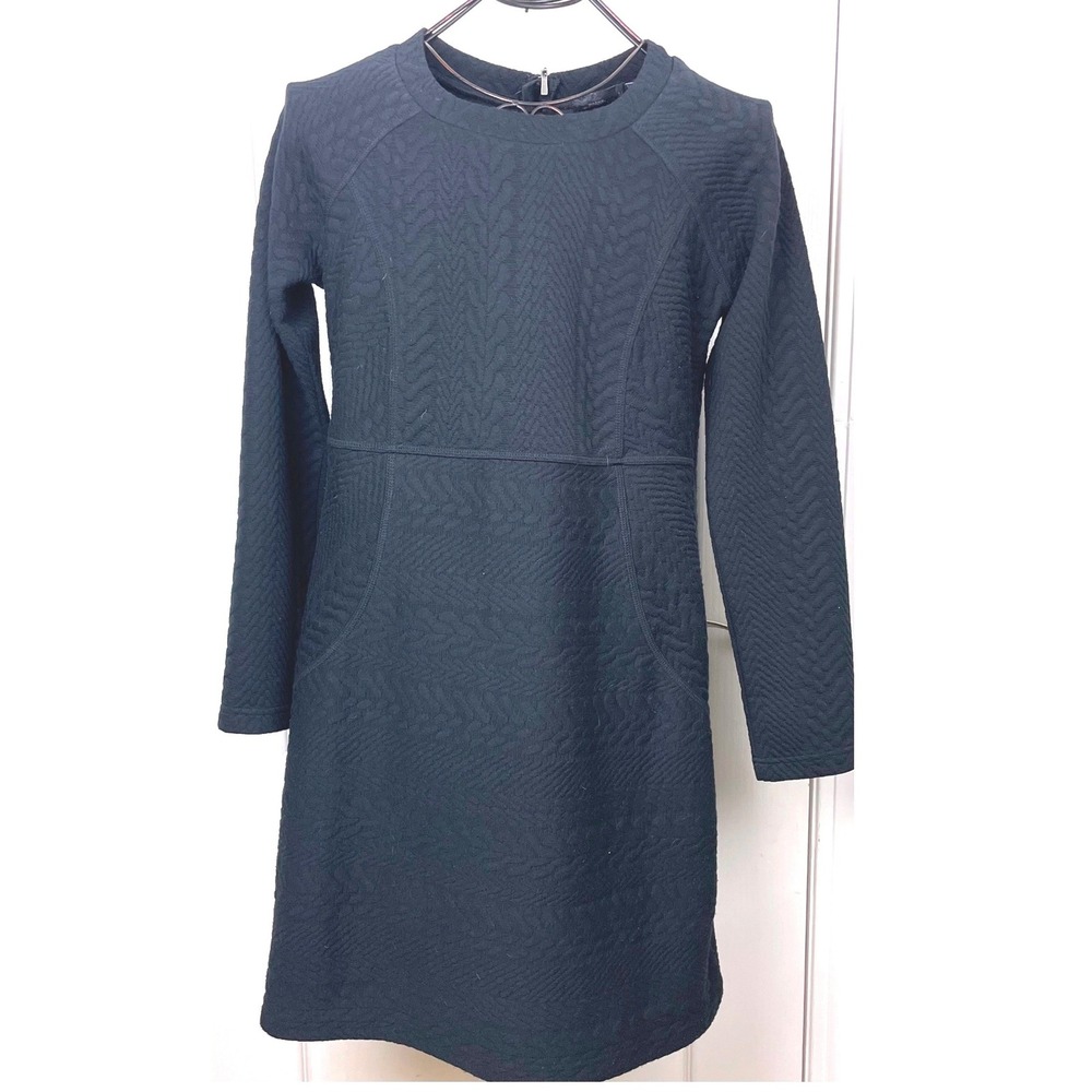 Prana Women Black Quilted Chevron Long Sleeve Shift Dress Pockets Medium Stretch